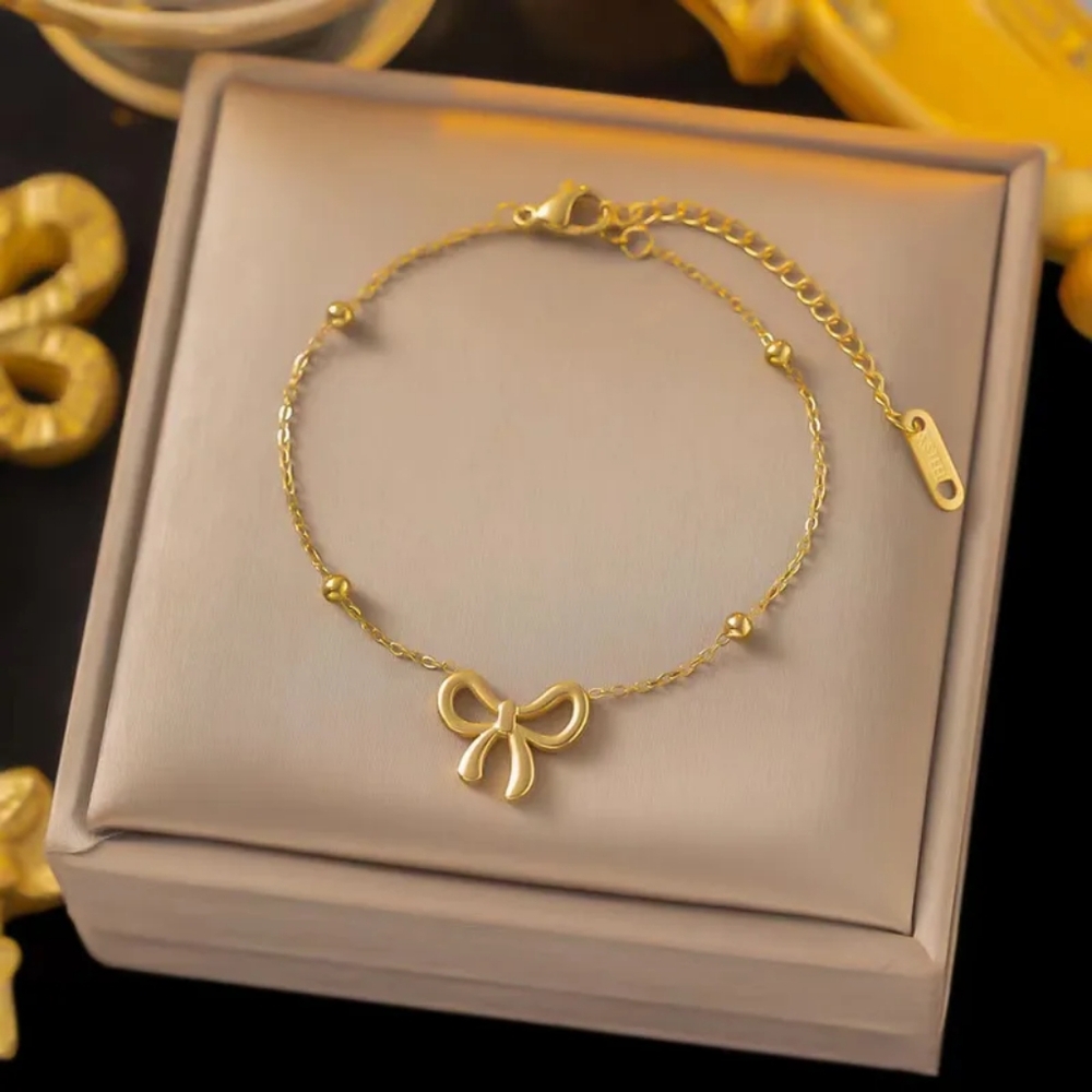 Gold Plated Bow Charm Beaded Chain Adjustable Dainty Anklet - Picture 5 of 12